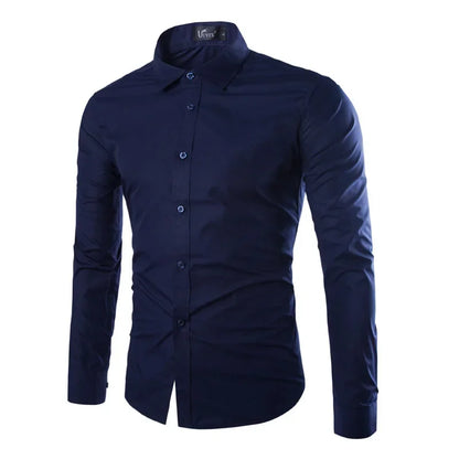 LuckeLadybug LLC Men's Slim Fit Dress Shirts in Navy Blue with Button-Up Closure and Long Sleeves