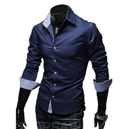 LuckeLadybug men's slim fit dress shirts in navy blue with contrasting collar and cuffs