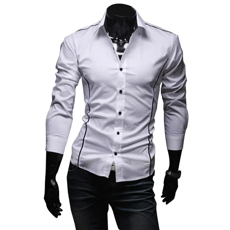 White men's slim fit dress shirts featuring a stylish design and sleek buttons