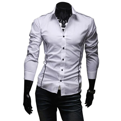 White men's slim fit dress shirts featuring a stylish design and sleek buttons