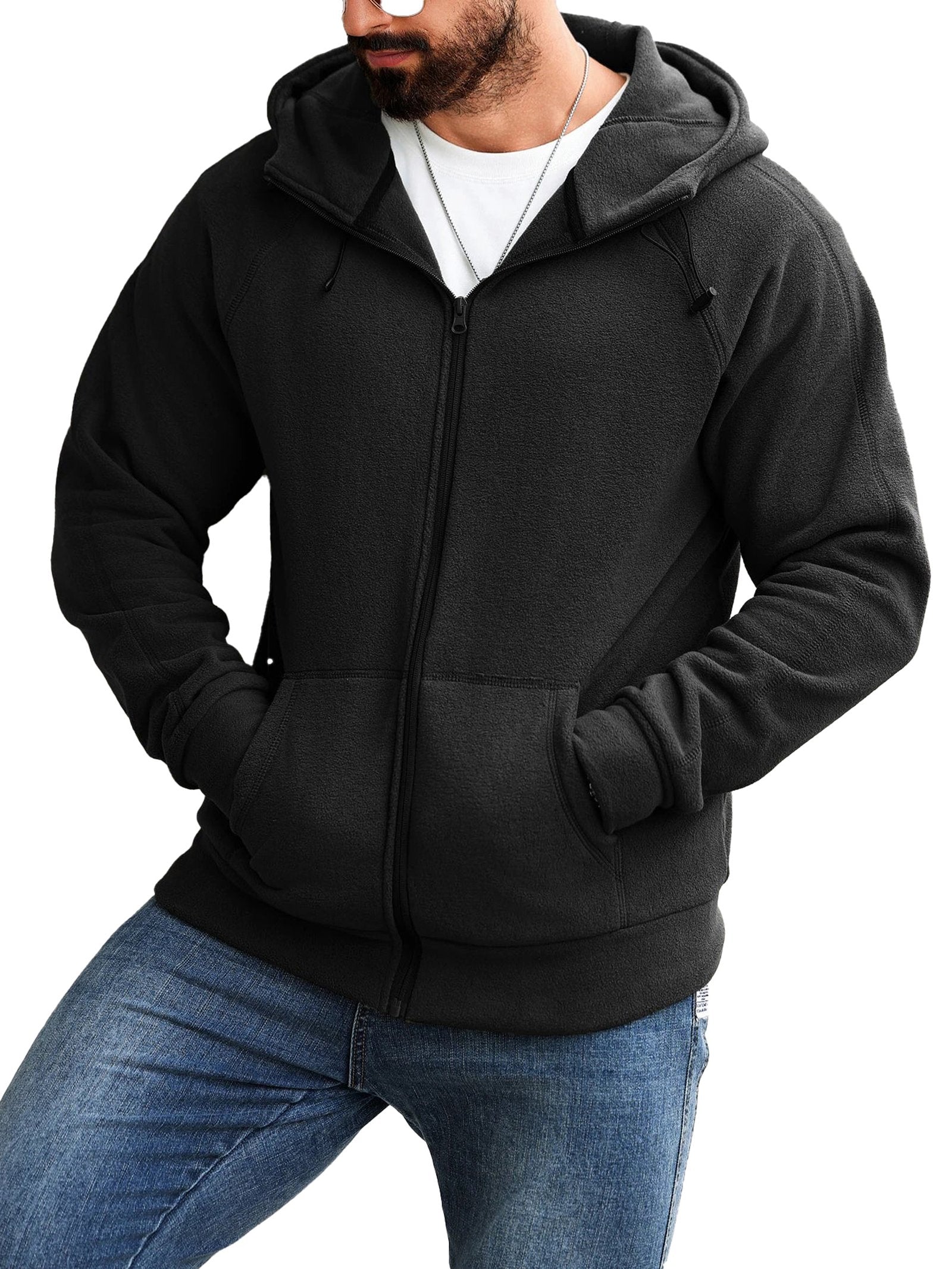 Men's slim fit hoodie jacket from LuckeLadybug LLC featuring a zip front and spacious pockets