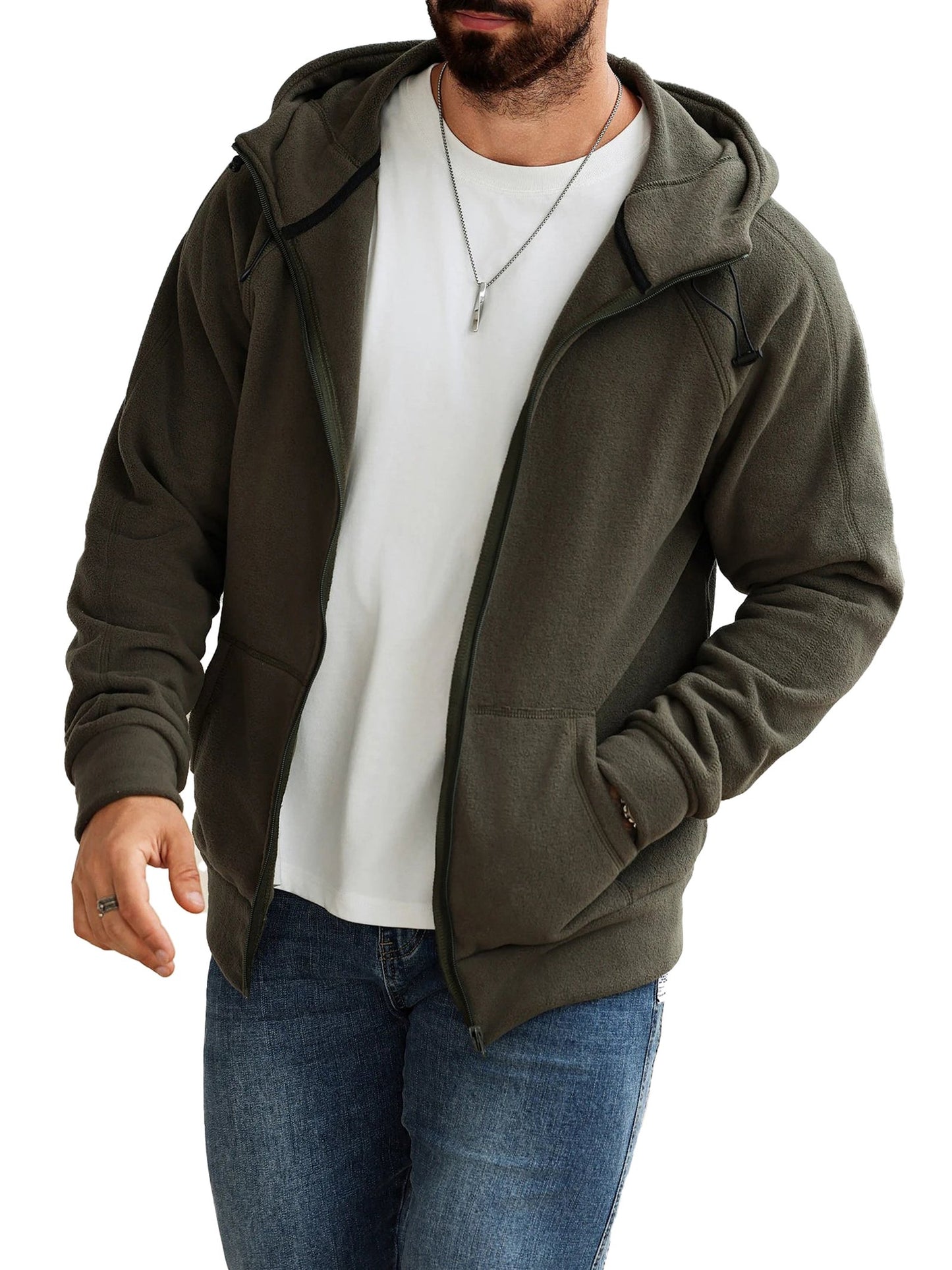 Men's slim fit hoodie jacket in olive green with a front zipper and side pockets, perfect for casual style.