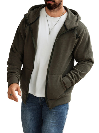 Men's slim fit hoodie jacket in olive green with a front zipper and side pockets, perfect for casual style.