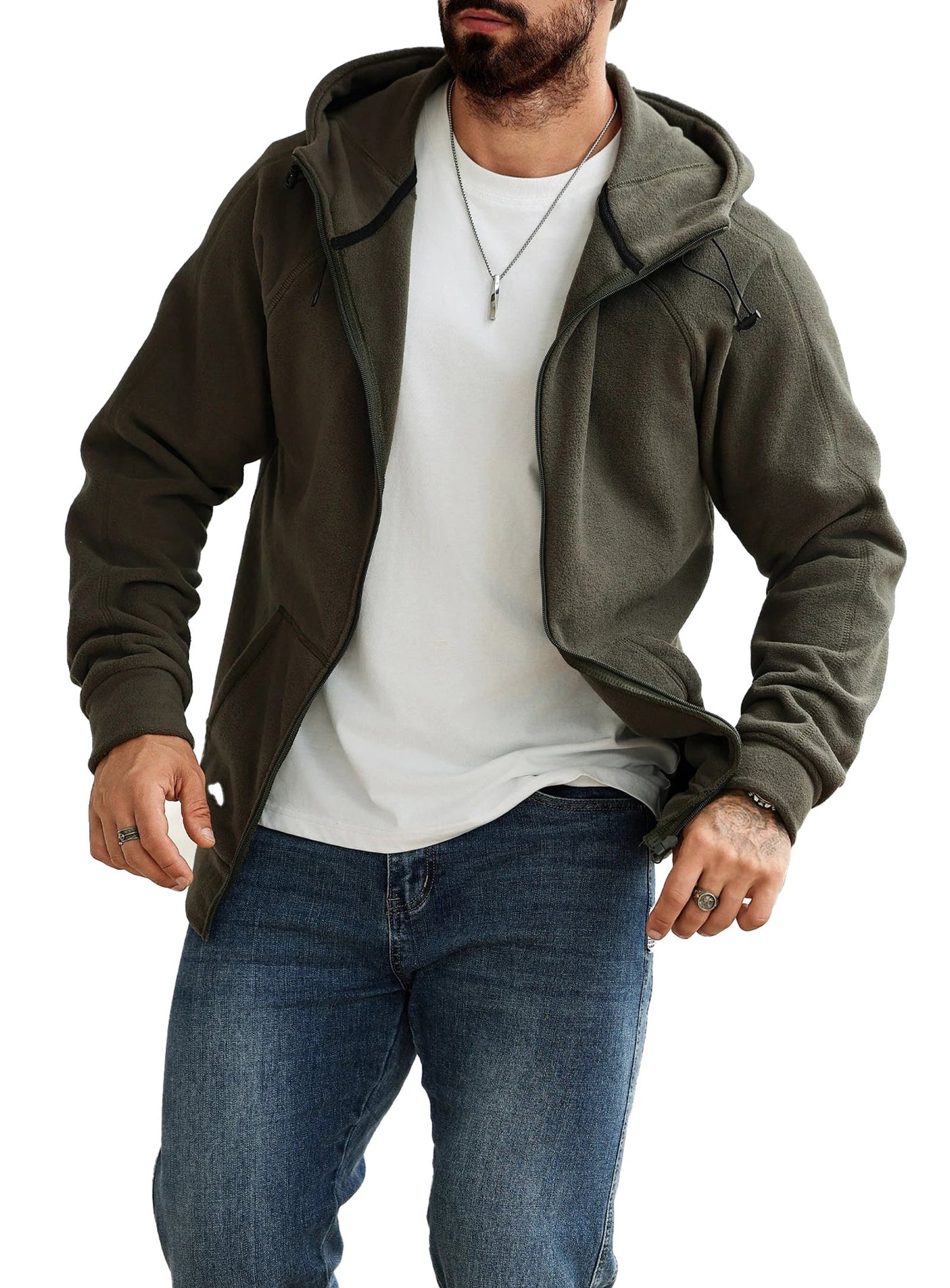 Men's slim fit hoodie jacket in olive green, perfect for casual wear and layering.