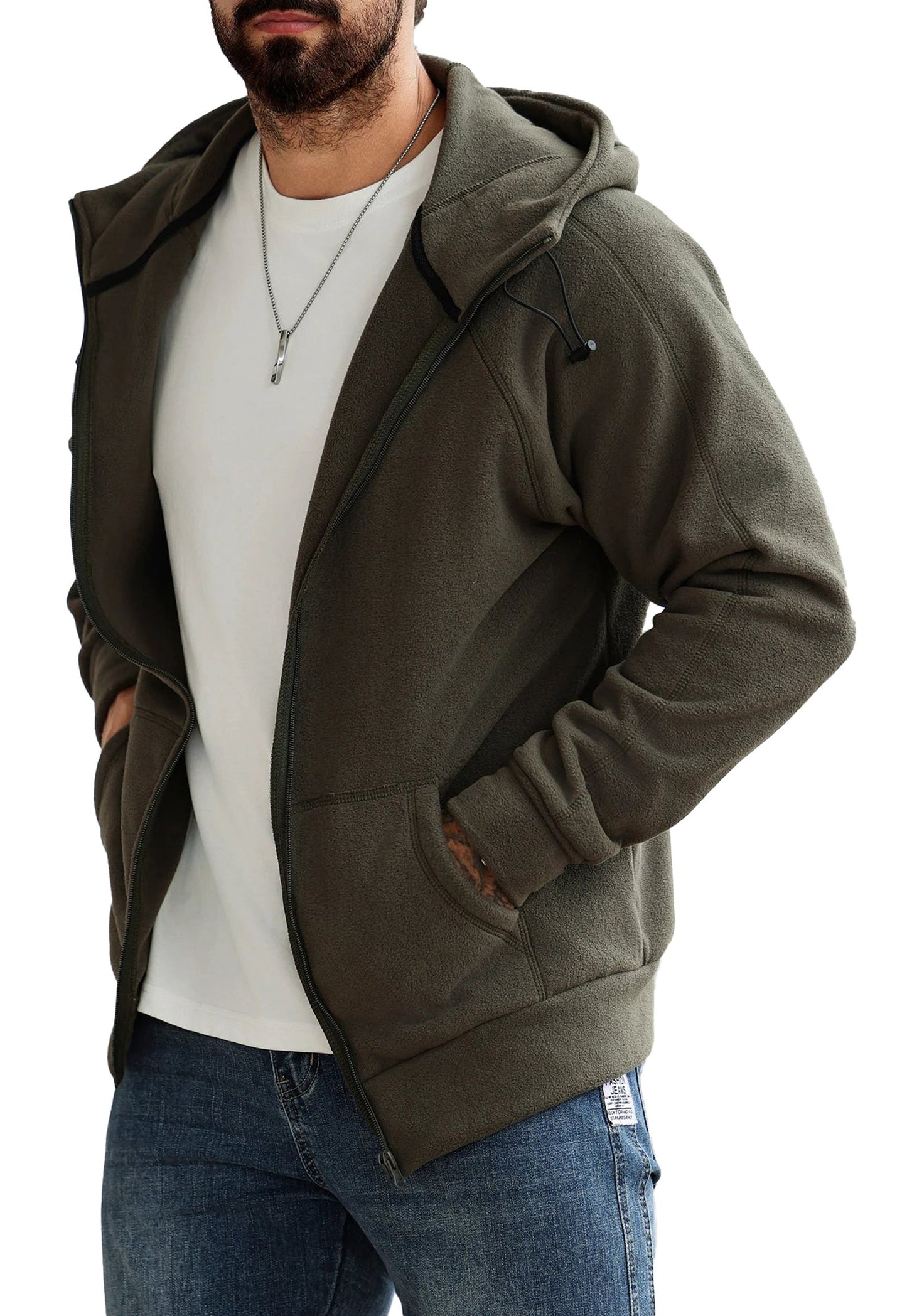 Men's slim fit hoodie jacket in olive green featuring a zippered front and pockets