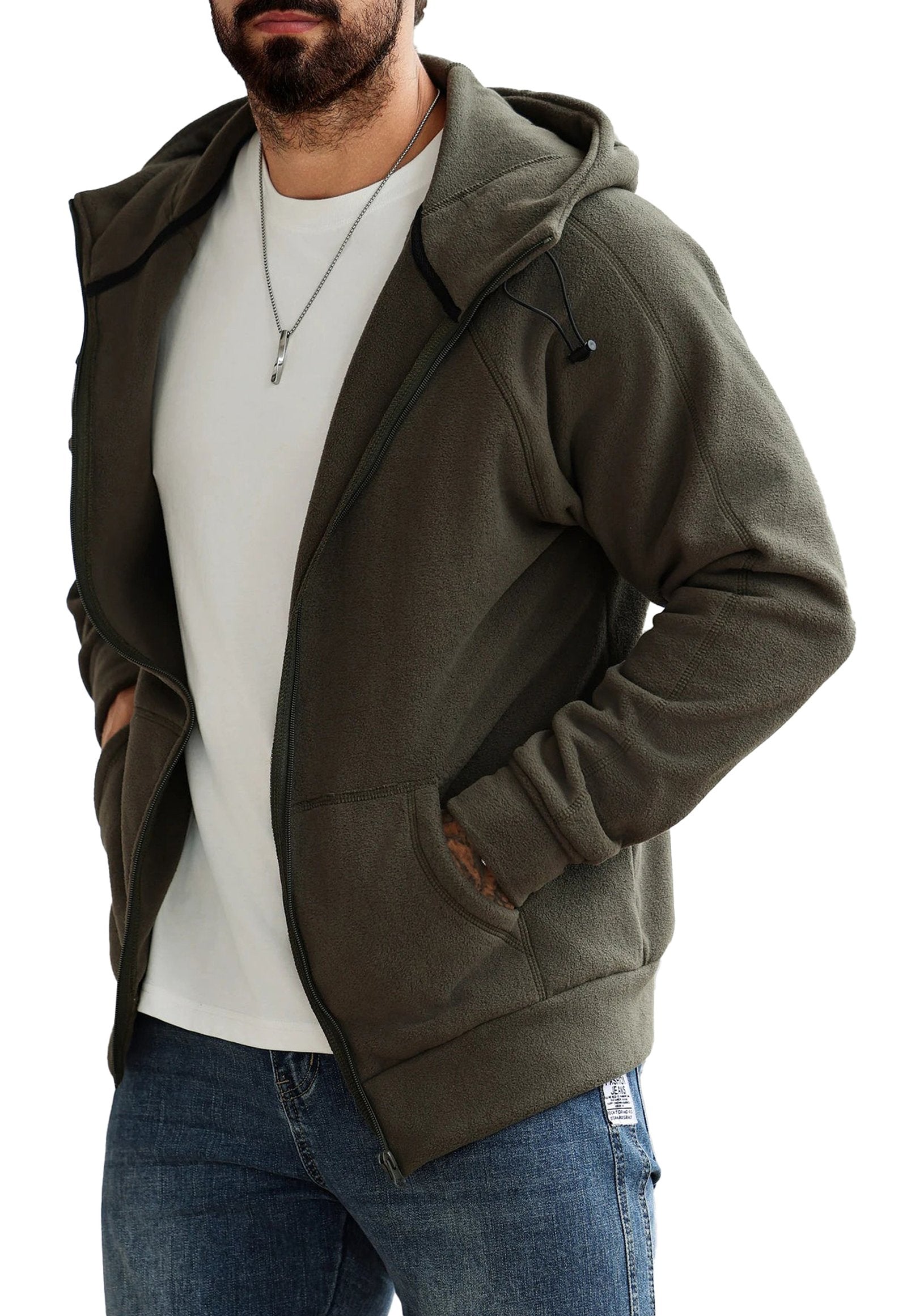 Men's slim fit hoodie jacket in olive green featuring a zippered front and pockets