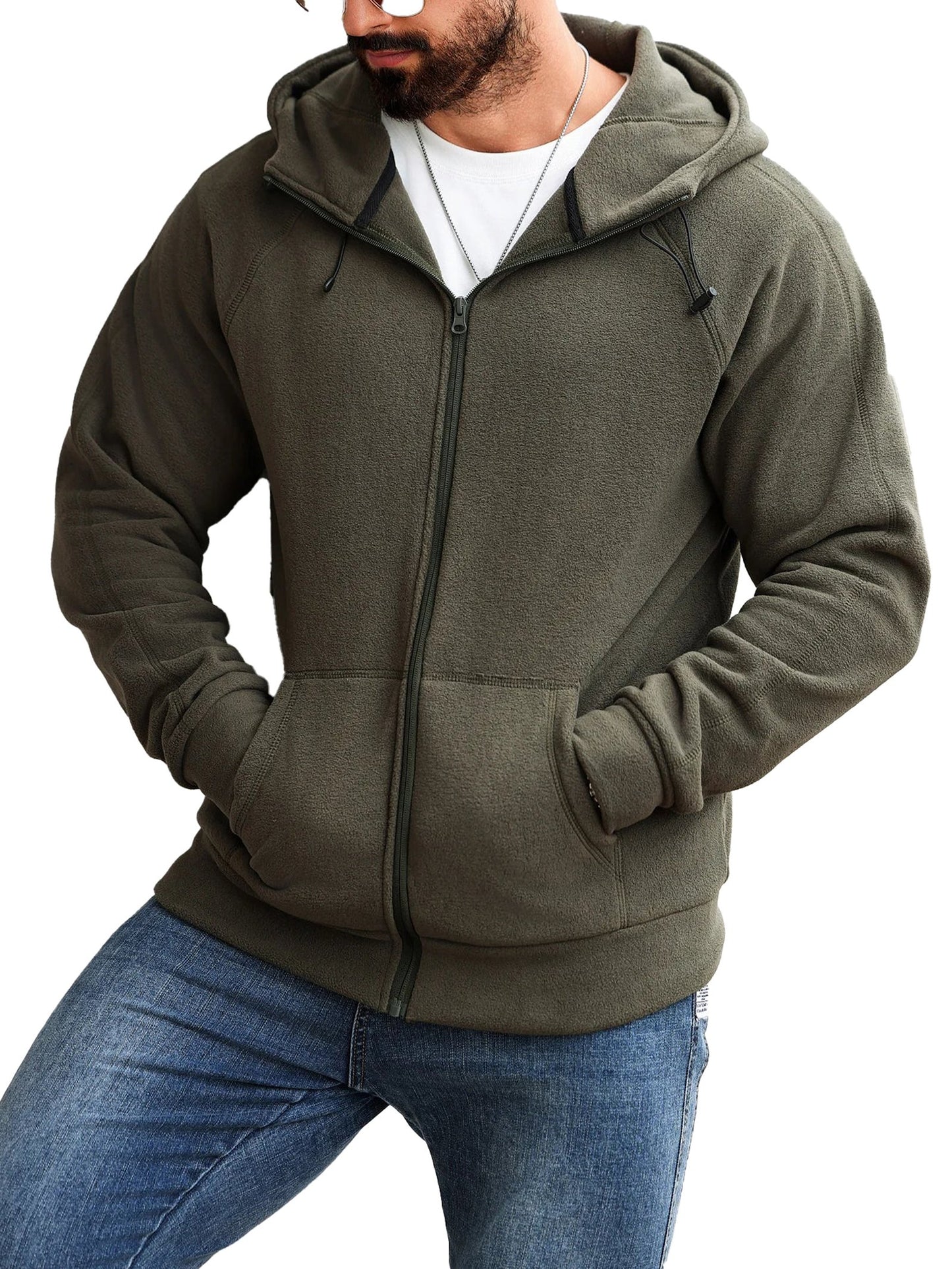 Men's slim fit hoodie jacket in olive green with front pockets and hood for a casual look