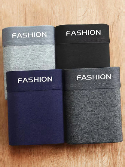 Set of four men's soft breathable boxer briefs in gray, black, navy, and charcoal colors