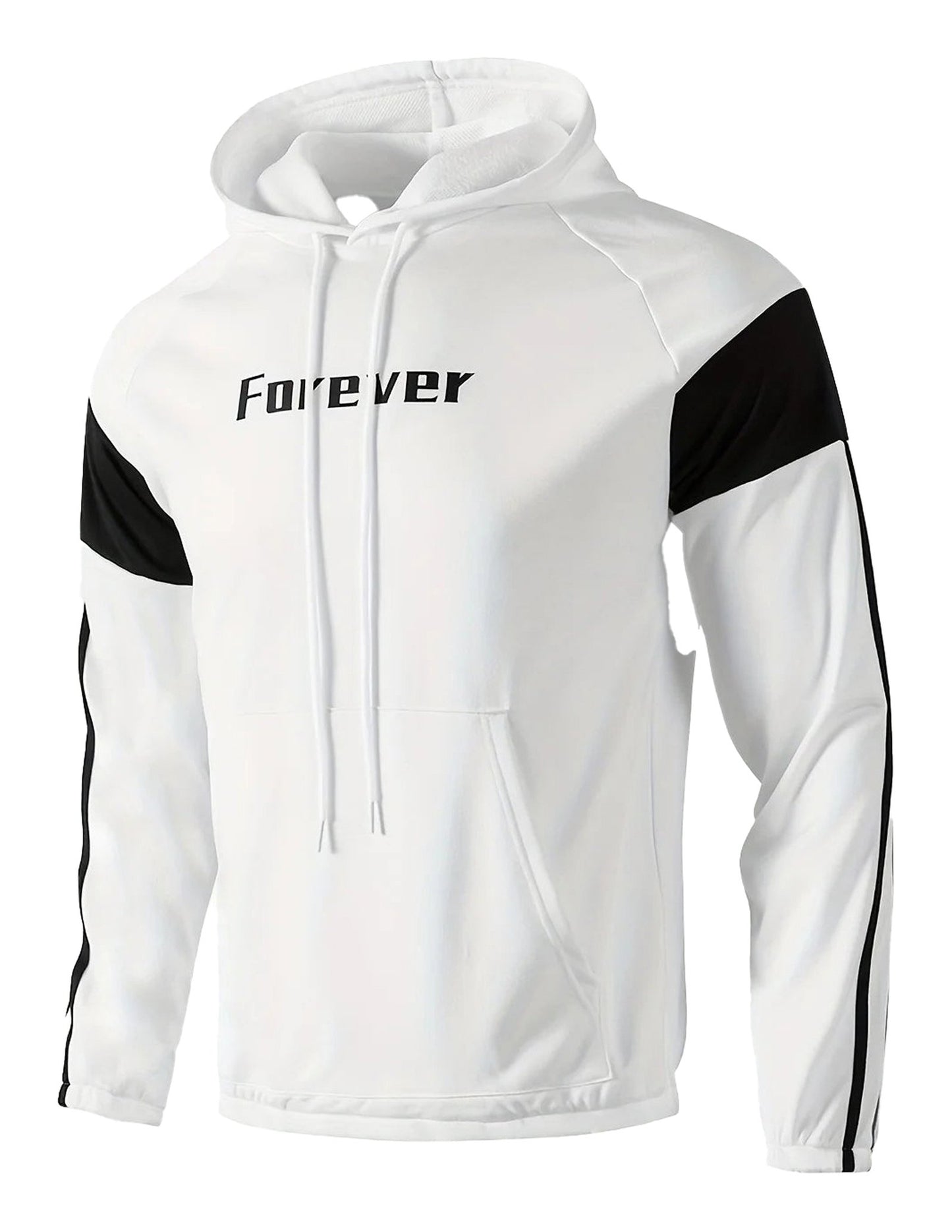Men's sports hoodie in white with black accents and 'Forever' print on the front