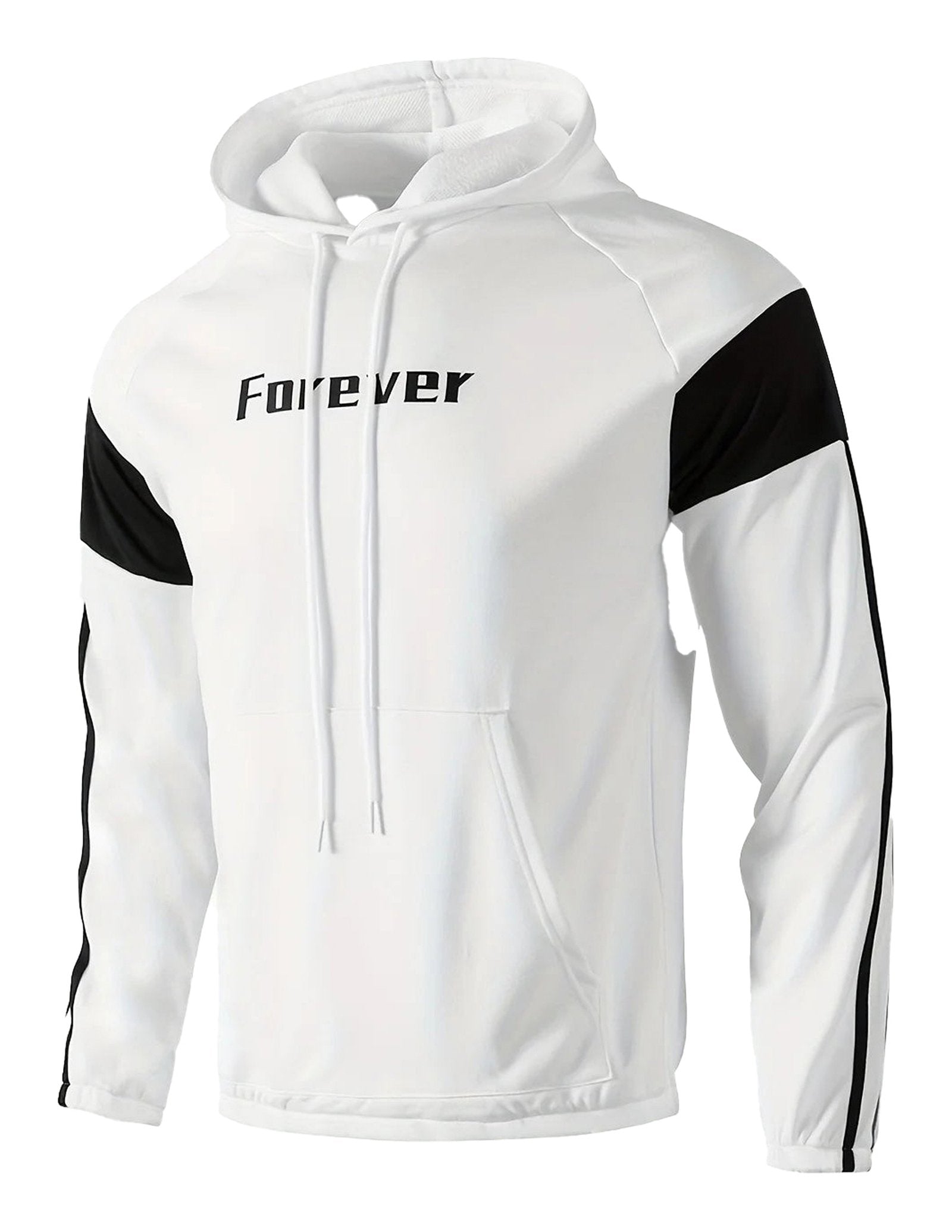 Men's sports hoodie in white with black accents and 'Forever' print on the front
