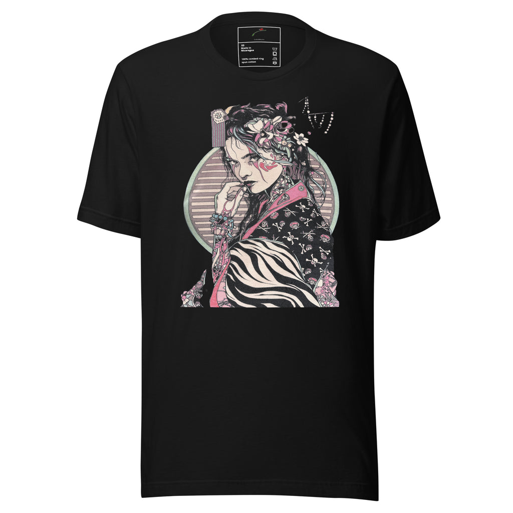 LuckeLadybug black mens streetwear t shirt with artistic graphic of a woman in floral and striped patterns