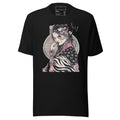 LuckeLadybug black mens streetwear t shirt with artistic graphic of a woman in floral and striped patterns