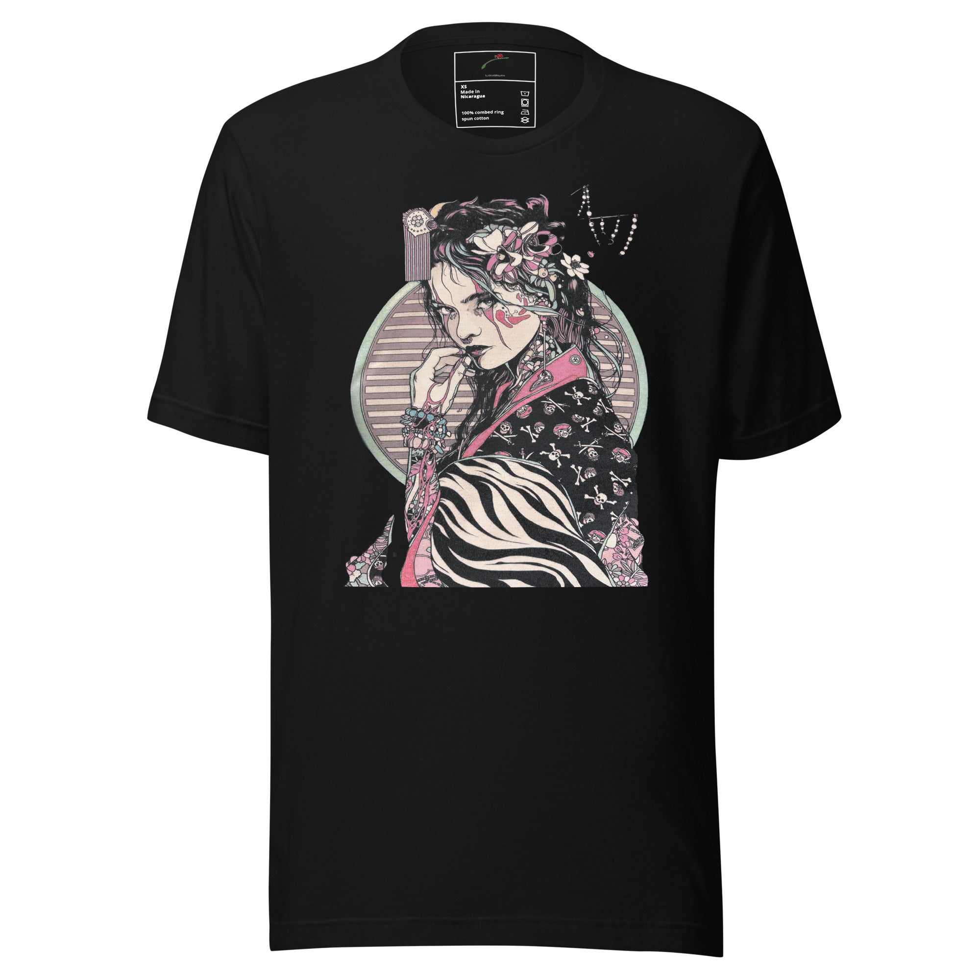LuckeLadybug black mens streetwear t shirt with artistic graphic of a woman in floral and striped patterns