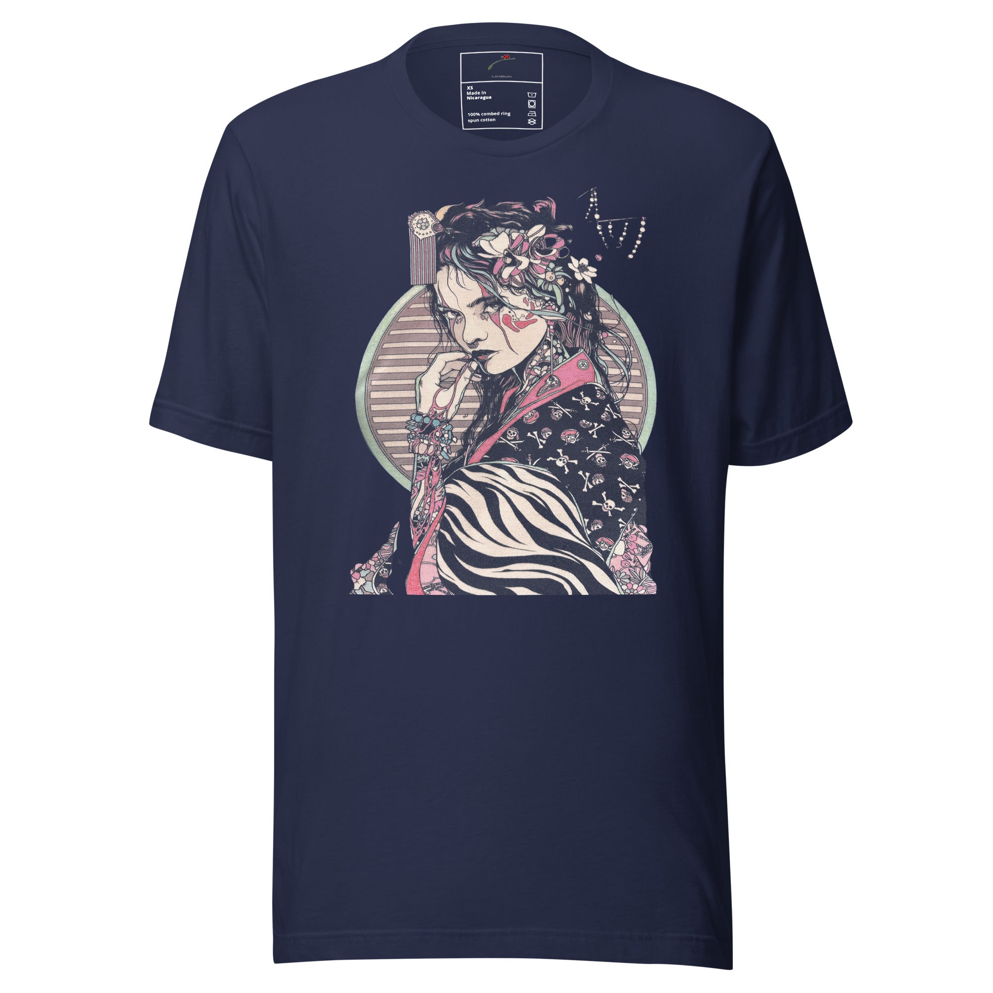 LuckyLadybug navy mens streetwear t shirt with artistic floral and zebra print design