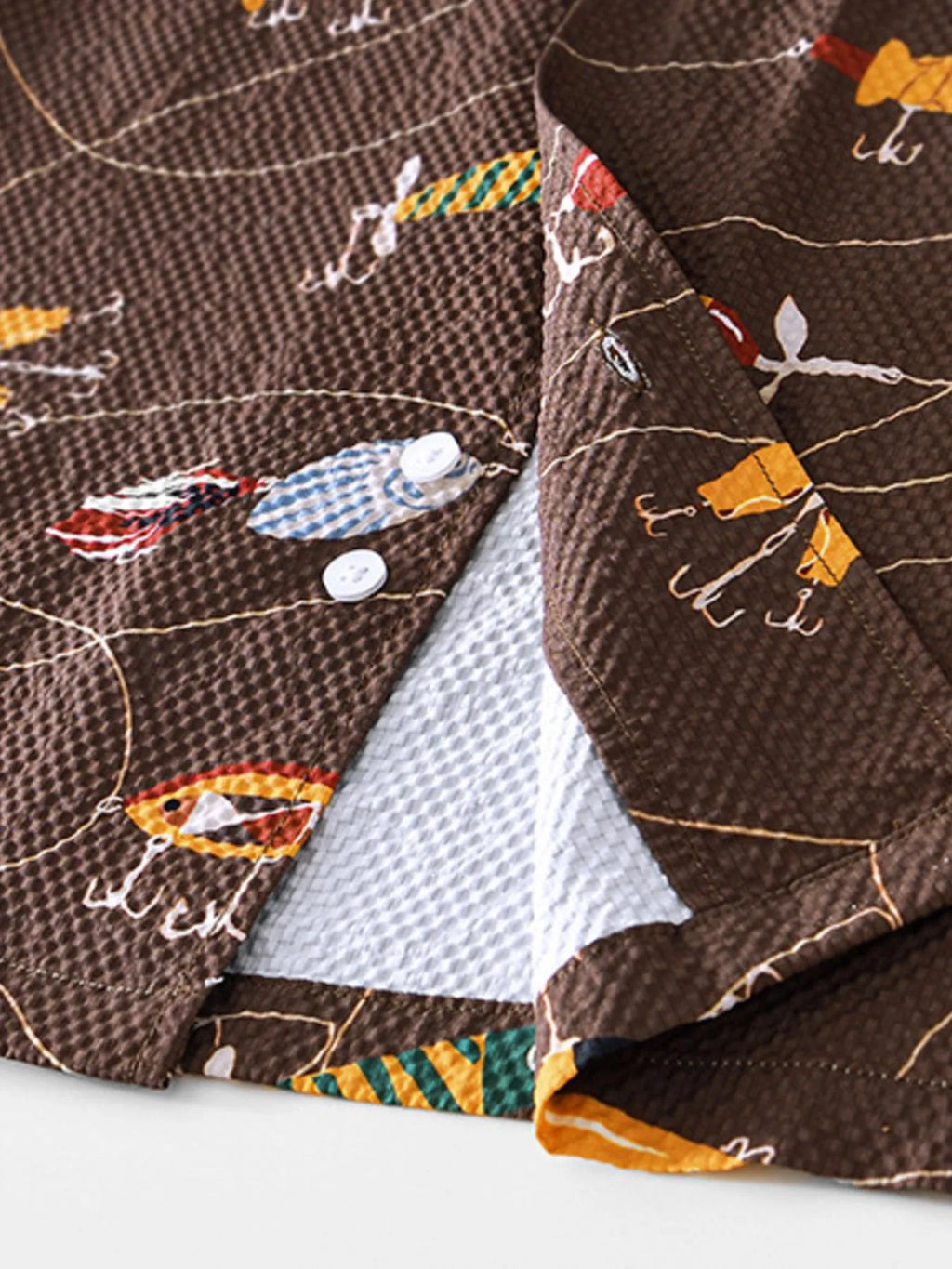 Men's button up shirt featuring colorful fishing lure patterns, perfect for casual wear with mens t shirt graphics