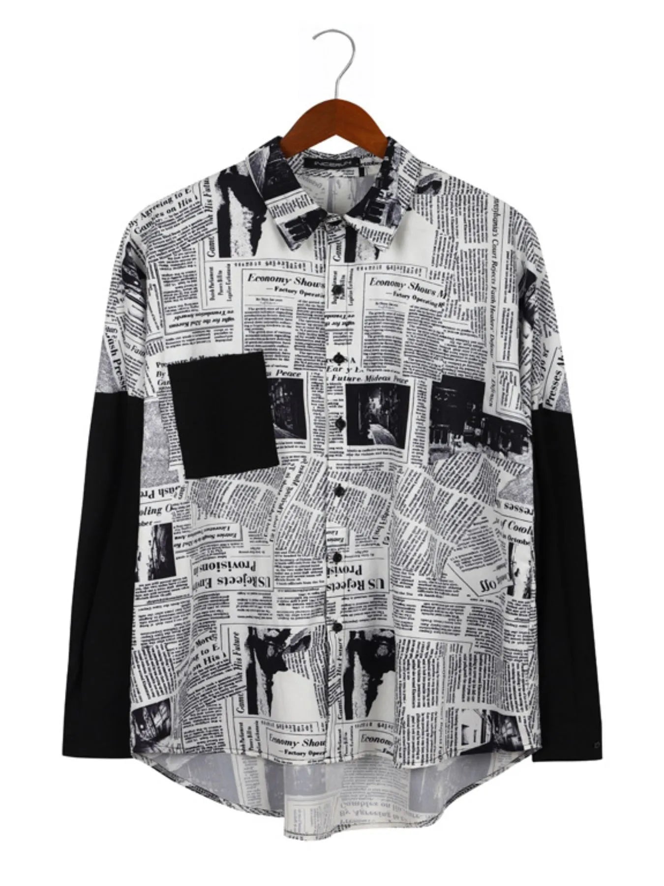LuckeLadybug LLC Button Up Shirt featuring mens t shirt graphics in a newspaper print design