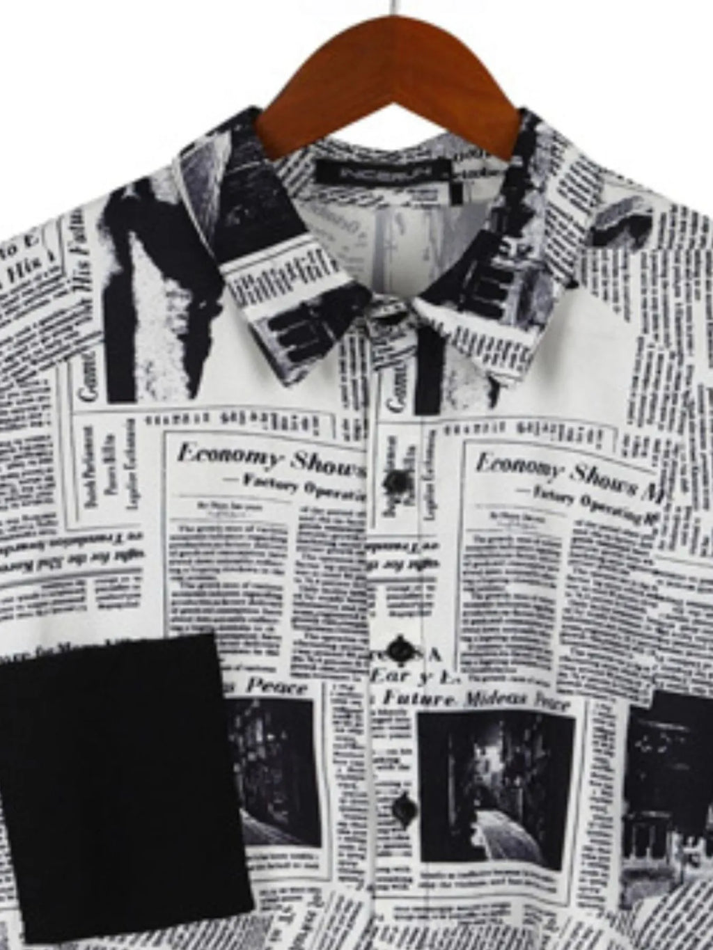 LuckeLadybug LLC Button Up Shirt with Newspaper Print, a trendy choice for mens t shirt graphics