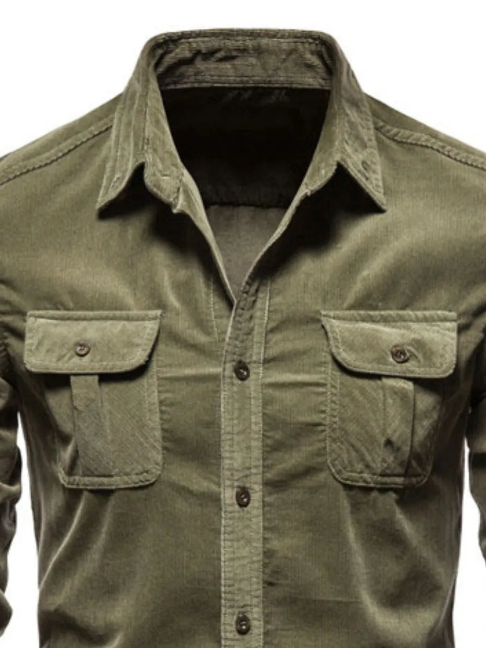 LuckeLadybug LLC Mens T Shirt Graphics Button Up Shirt in Olive Green with Chest Pockets