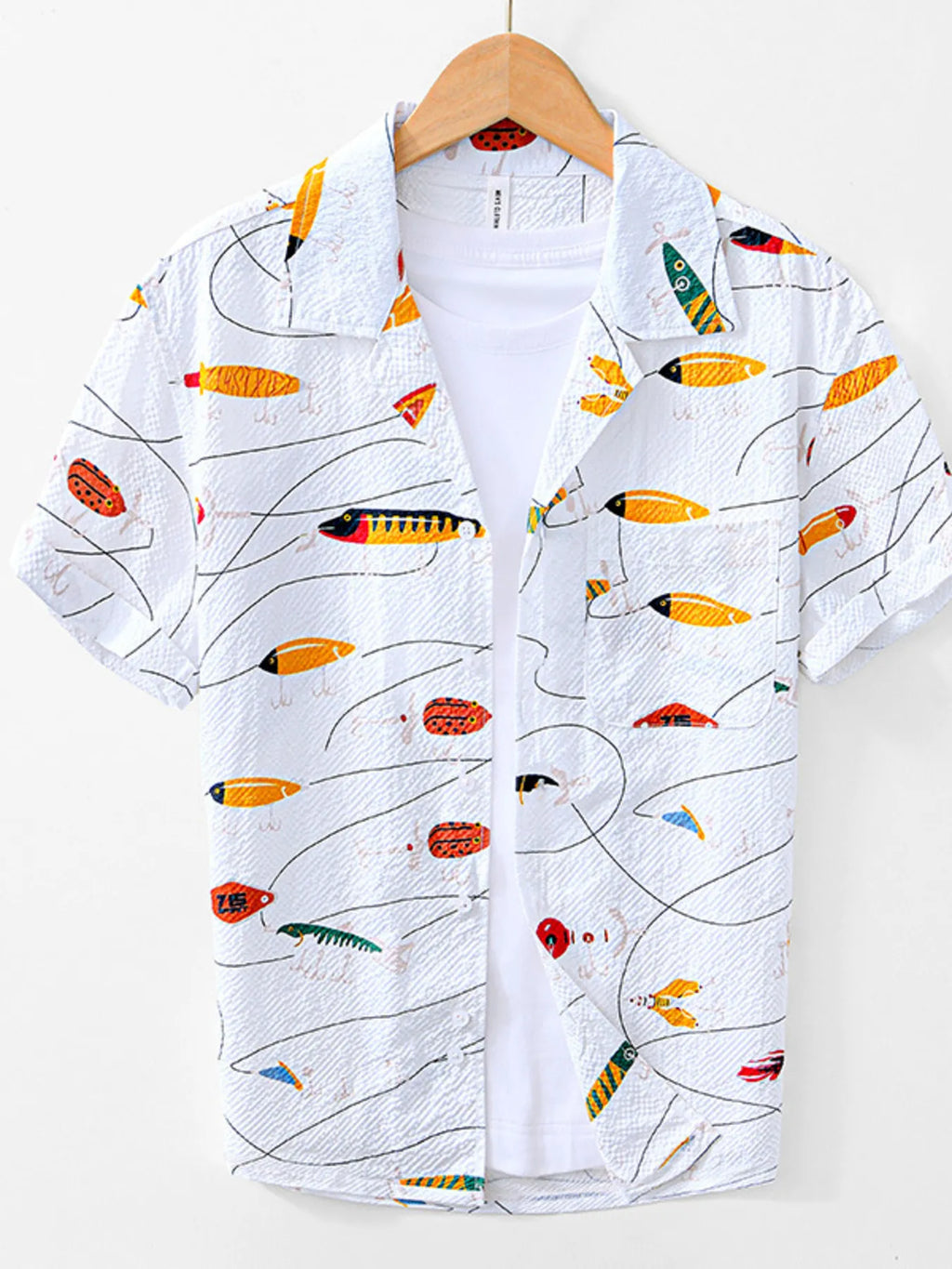 LuckeLadybug LLC Men's Button Up Shirt with Colorful Fish Graphics and Short Sleeves for Casual Wear