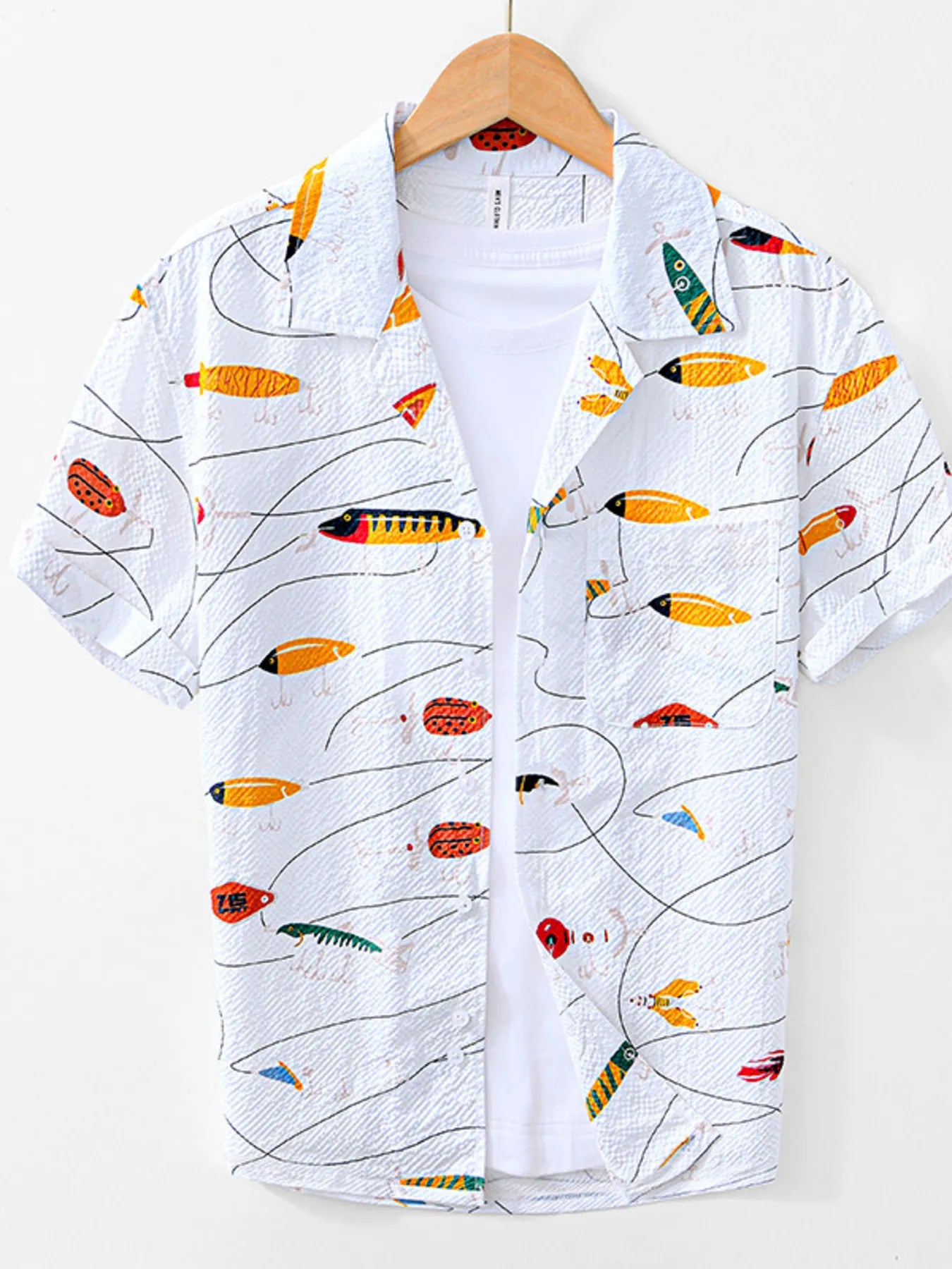 LuckeLadybug LLC Men's Button Up Shirt with Colorful Fish Graphics and Short Sleeves for Casual Wear