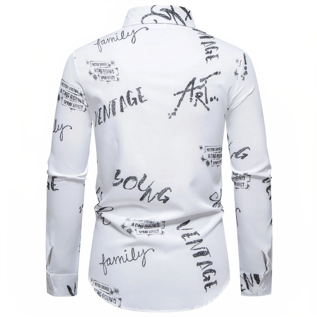 LuckeLadybug LLC button up shirt with artistic mens t shirt graphics on a white background