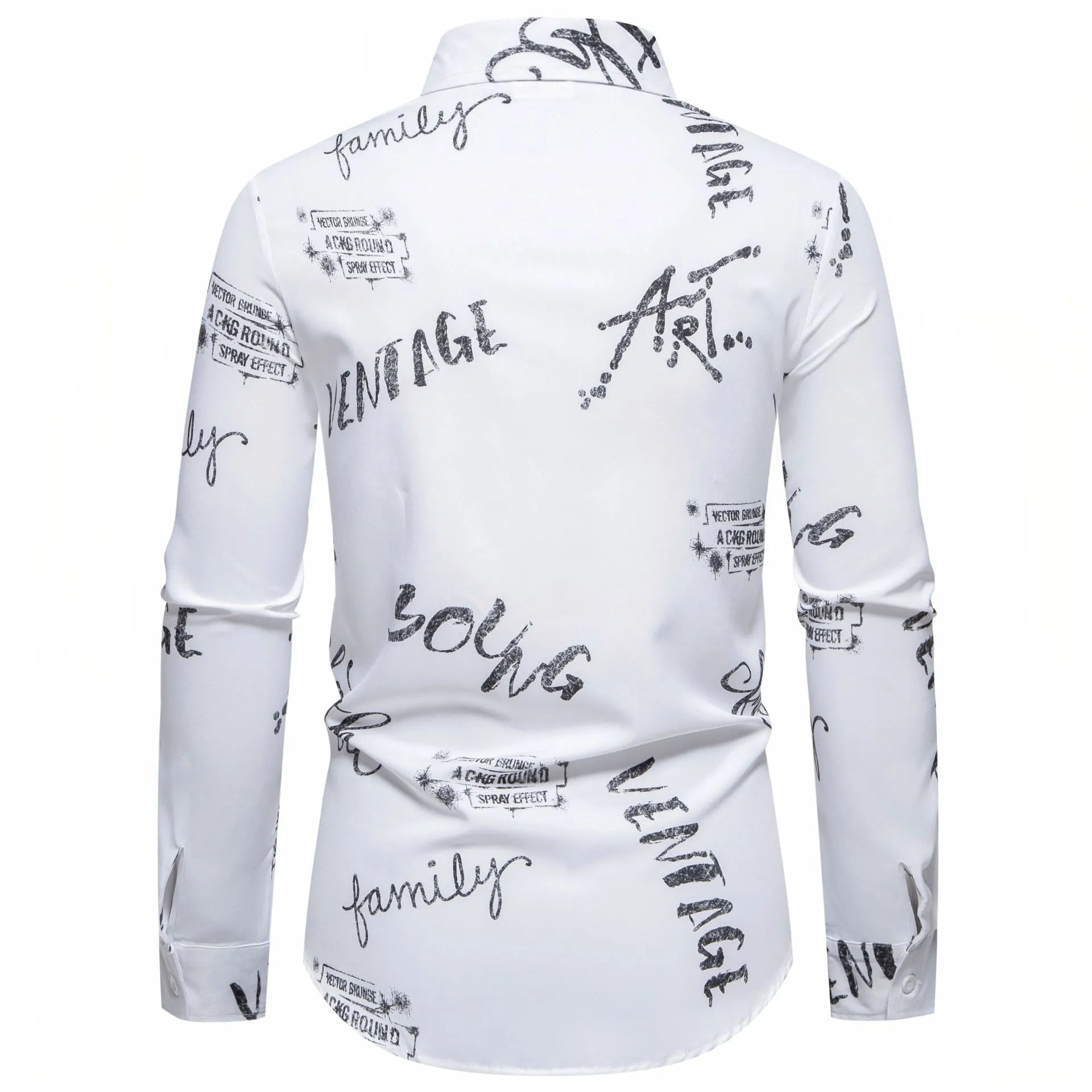LuckeLadybug LLC button up shirt with artistic mens t shirt graphics on a white background