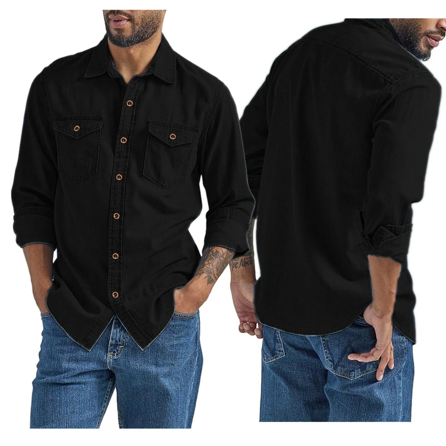 Men's thin denim shirt by LuckeLadybug LLC in black with button detailing and chest pockets