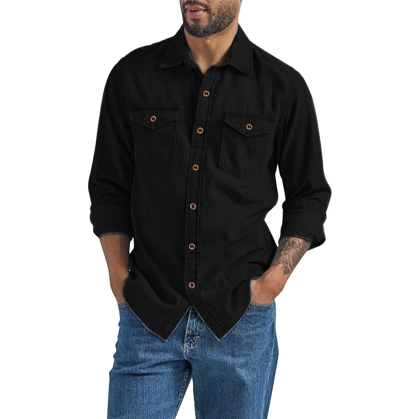 Men's thin denim shirt by LuckeLadybug LLC in black with button-up front and chest pockets