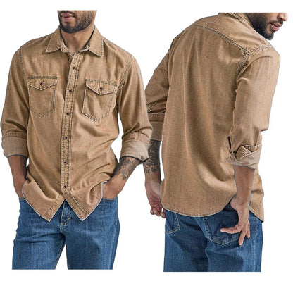 LuckeLadybug LLC men's thin denim shirt in brown with button-down front and twin chest pockets