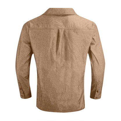 Back view of men's thin denim shirt in tan color with long sleeves from LuckeLadybug LLC