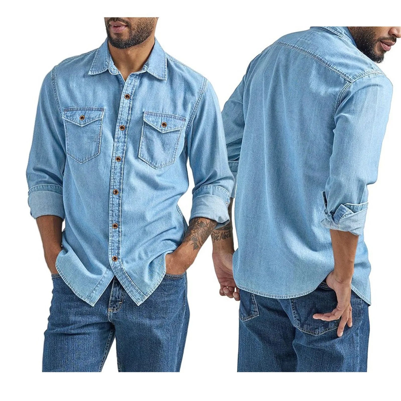 Men's thin denim shirt in light blue with button-up front and chest pockets, perfect for casual wear