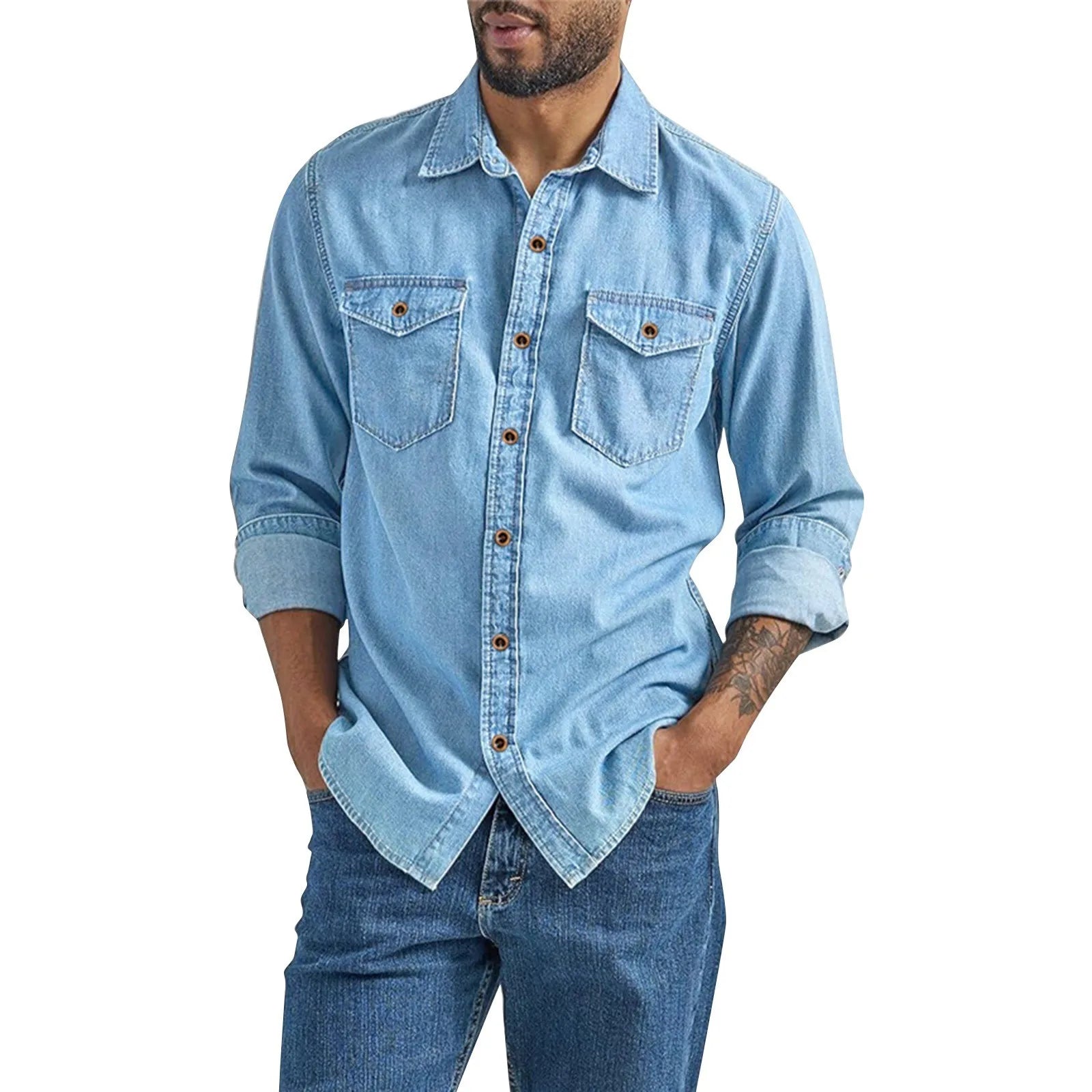 LuckeLadybug LLC men's thin denim shirt in light blue with button-down front and chest pockets