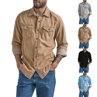 Men's thin denim shirt by LuckeLadybug LLC, available in multiple colors with a classic fit