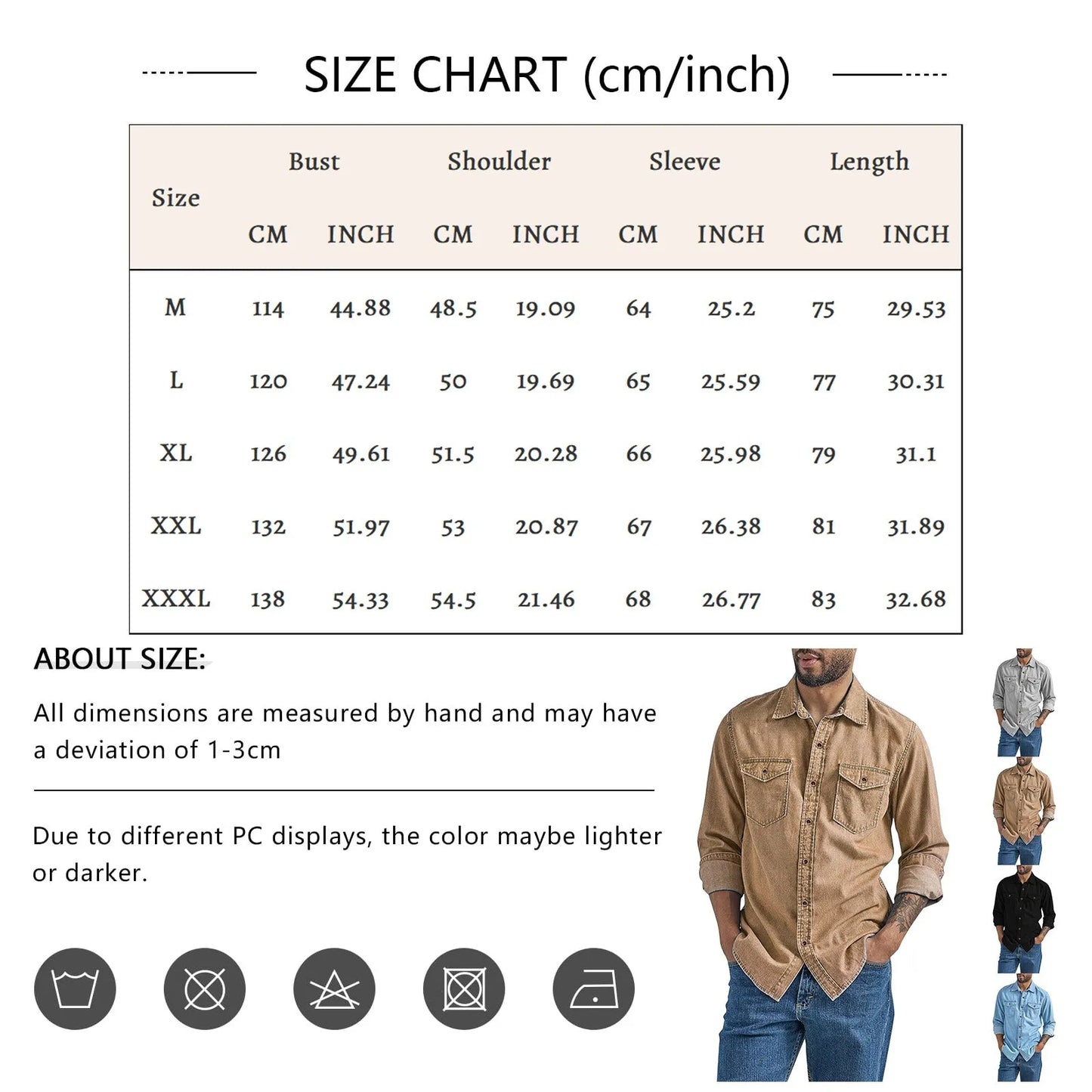 LuckeLadybug LLC men's thin denim shirt size chart with measurements for various sizes