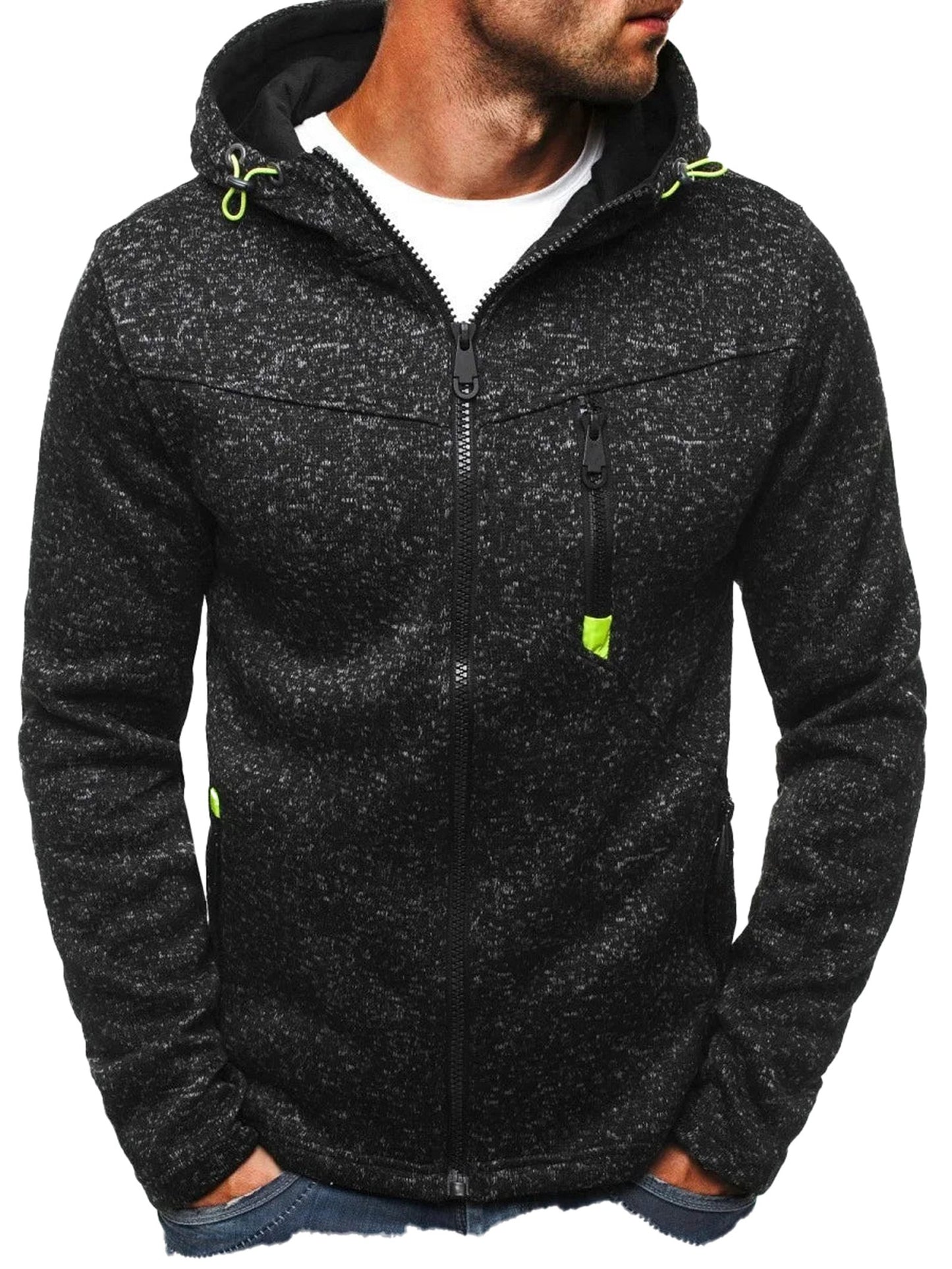 Men's thin wool hoodie tracksuit in black with stylish accents and zippered pockets
