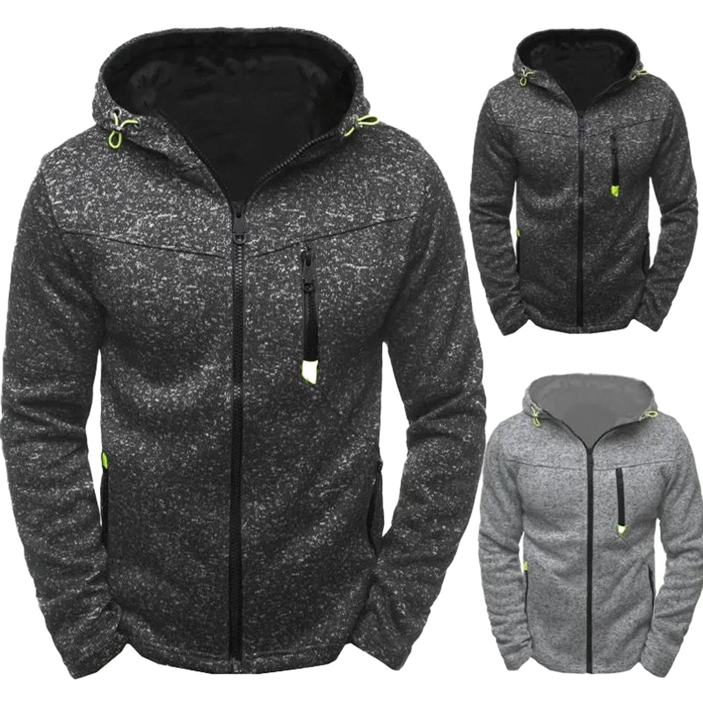 Men's thin wool hoodie tracksuit in gray and black, featuring a zip-up front and adjustable hood