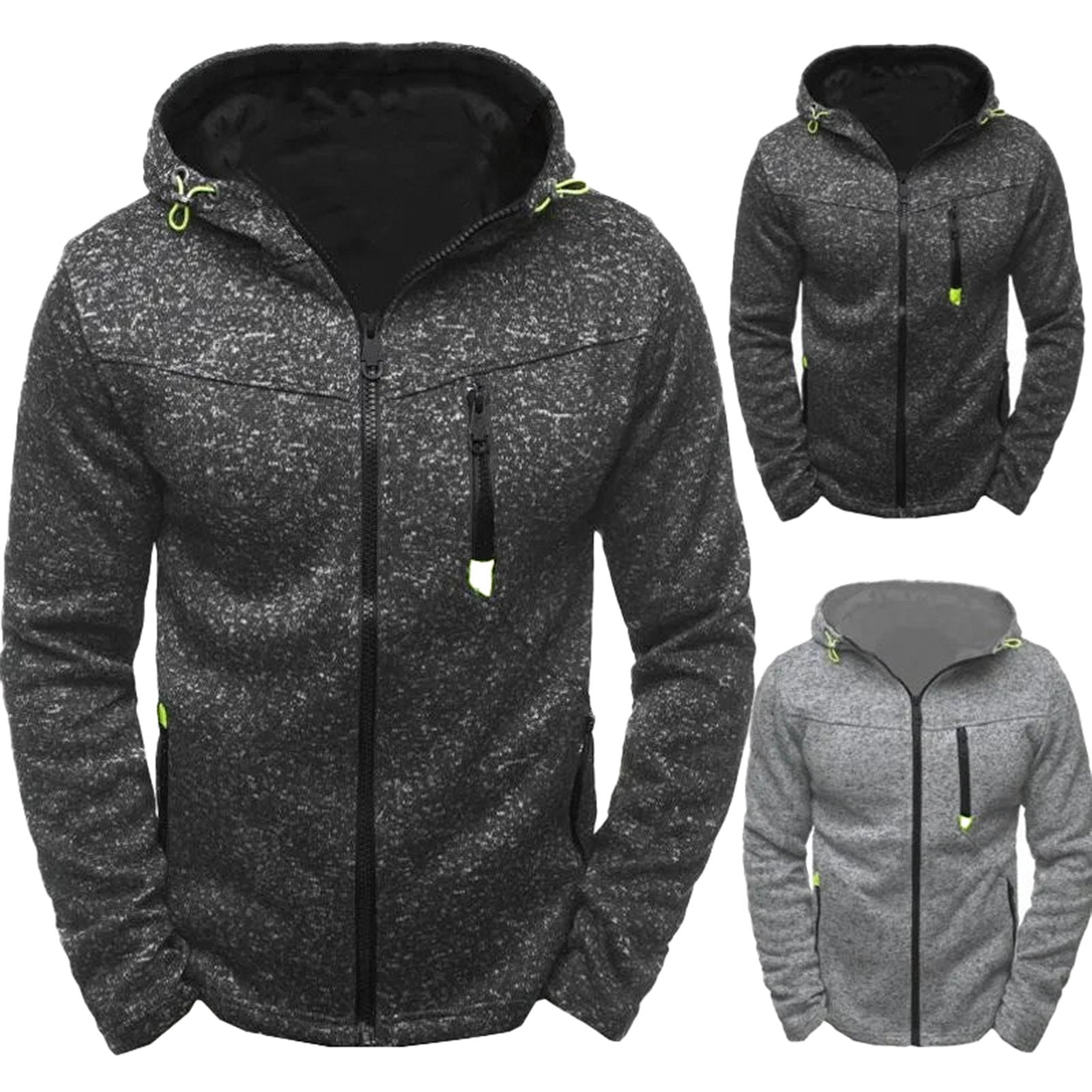 Men's thin wool hoodie tracksuit in gray and black, featuring a zip-up front and adjustable hood