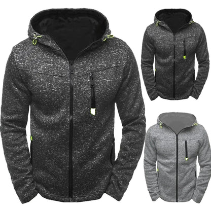 Men's thin wool hoodie tracksuit in gray and black, featuring a zip-up front and adjustable hood