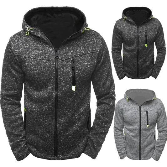 Men's thin wool hoodie tracksuit in gray and black, featuring a zip-up front and adjustable hood