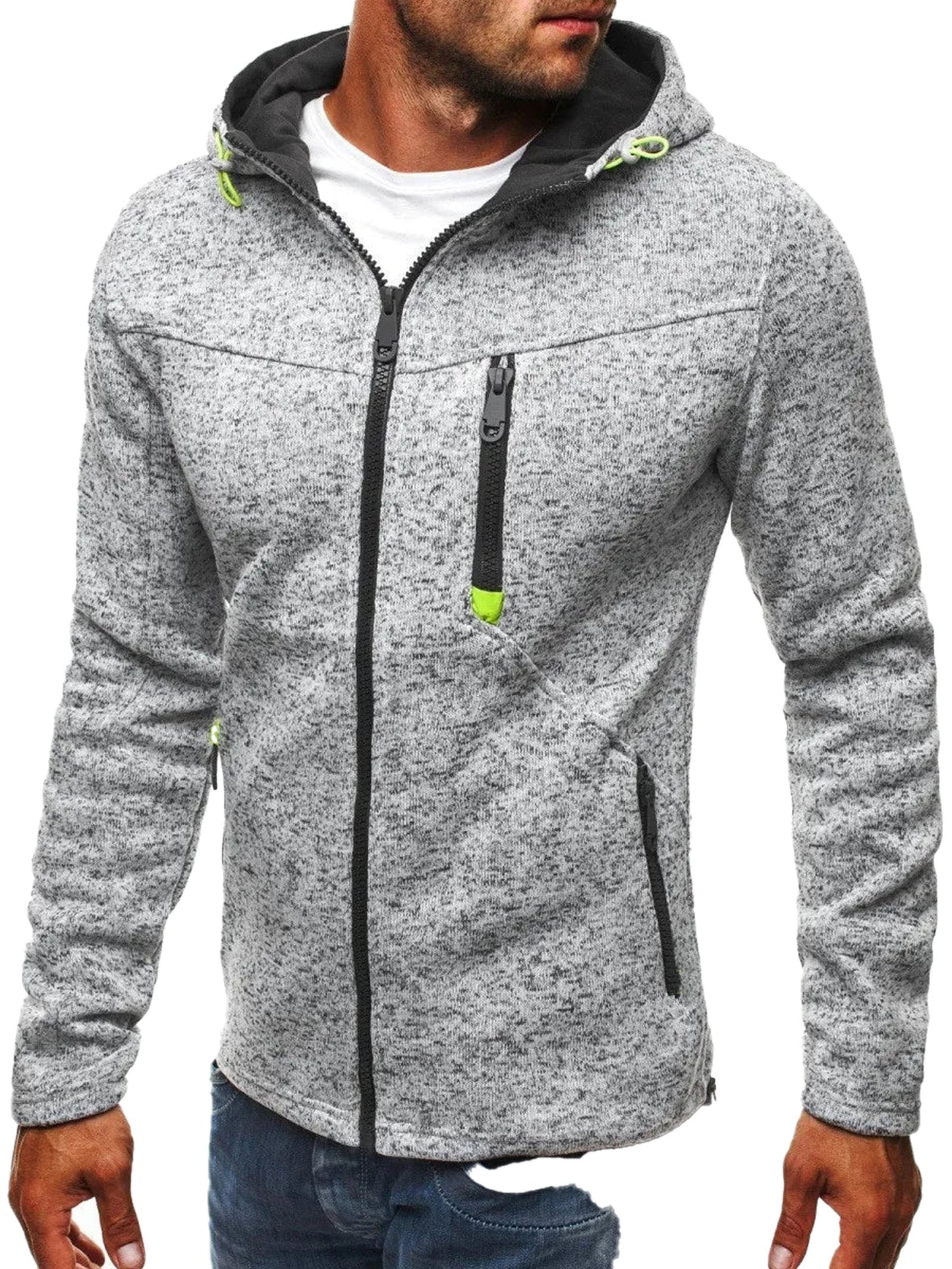Men's thin wool hoodie tracksuit in grey with zippered pockets and adjustable hood