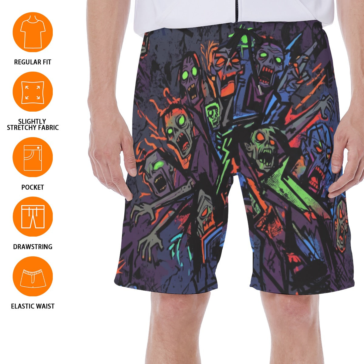 LuckeLadybug men's thong beachwear boardshorts with colorful zombie design and elastic waist