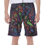 LuckeLadybug men's thong beachwear featuring a colorful zombie graphic design on boardshorts