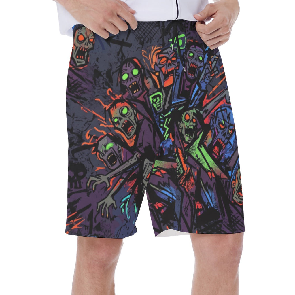 LuckeLadybug men's thong beachwear boardshorts featuring a vibrant zombie print design