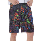 LuckeLadybug men's thong beachwear boardshorts featuring a vibrant zombie print design