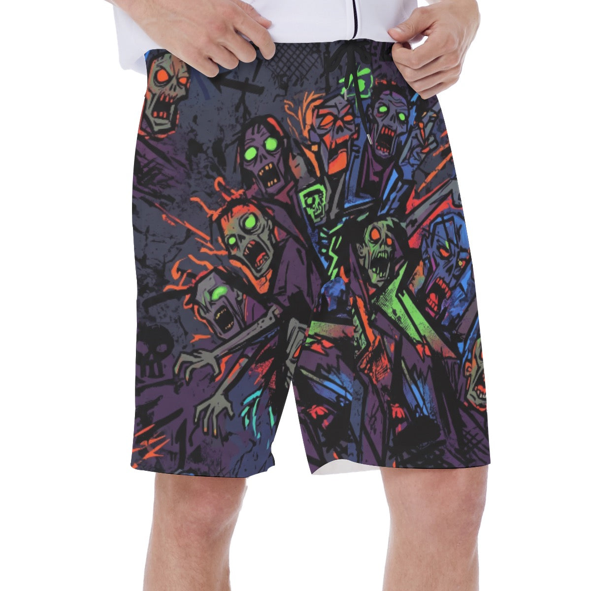 LuckeLadybug men's thong beachwear boardshorts featuring a vibrant zombie print design