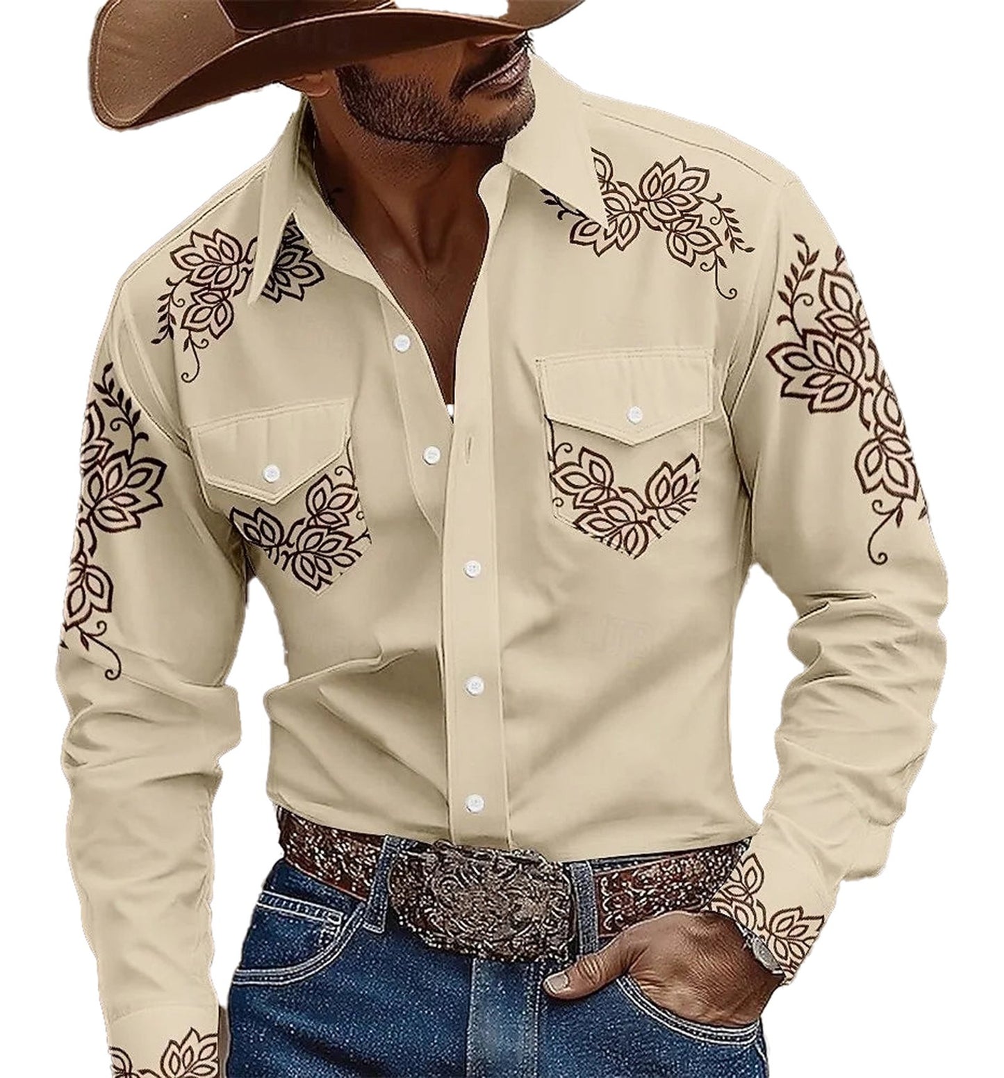 LuckeLadybug LLC Mens Western 3D Printed Shirt with Floral Embroidery for Casual and Western Style