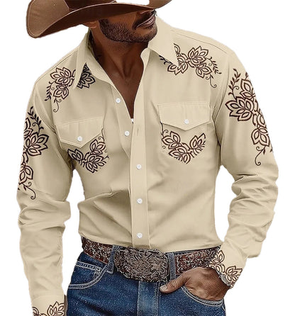 LuckeLadybug LLC Mens Western 3D Printed Shirt with Floral Embroidery for Casual and Western Style