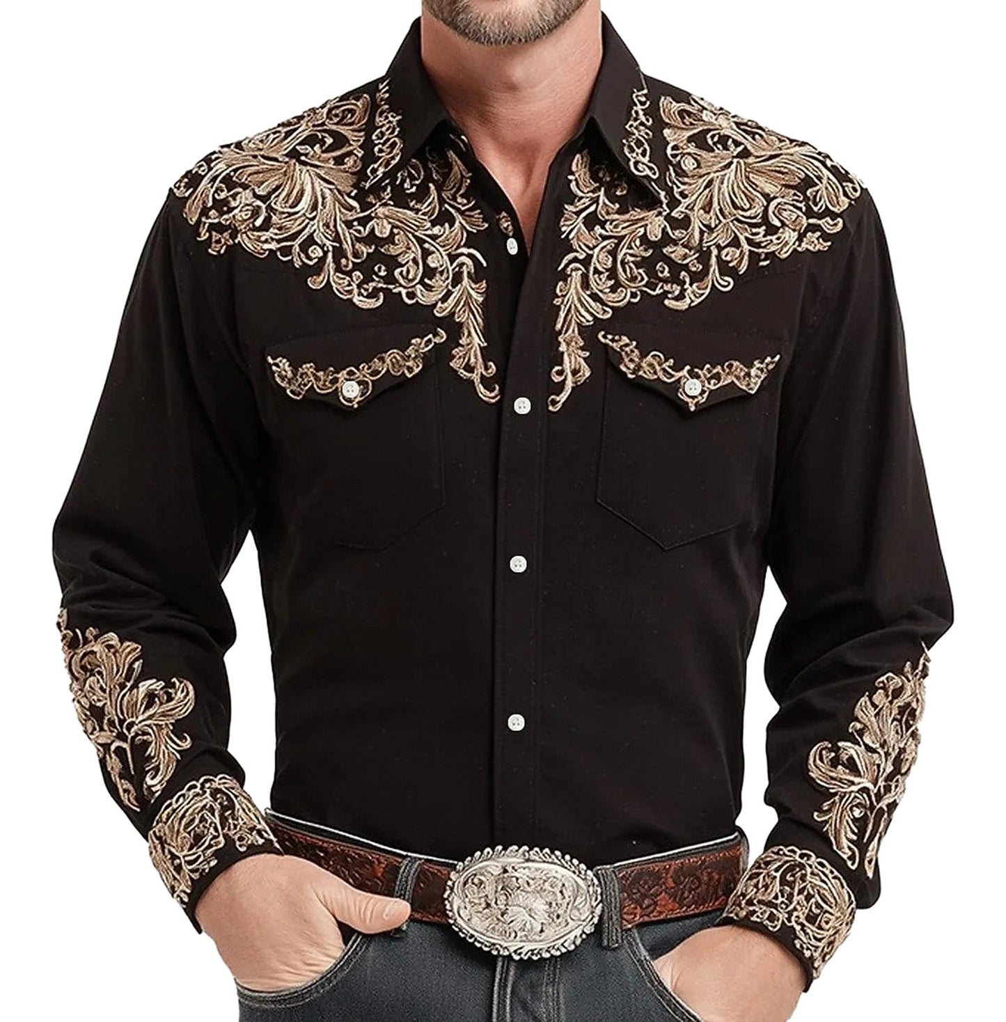Black mens western 3D printed shirt with intricate gold embroidery and snap buttons for a classic look