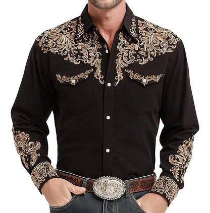 Black mens western 3D printed shirt with intricate gold embroidery and snap buttons for a classic look