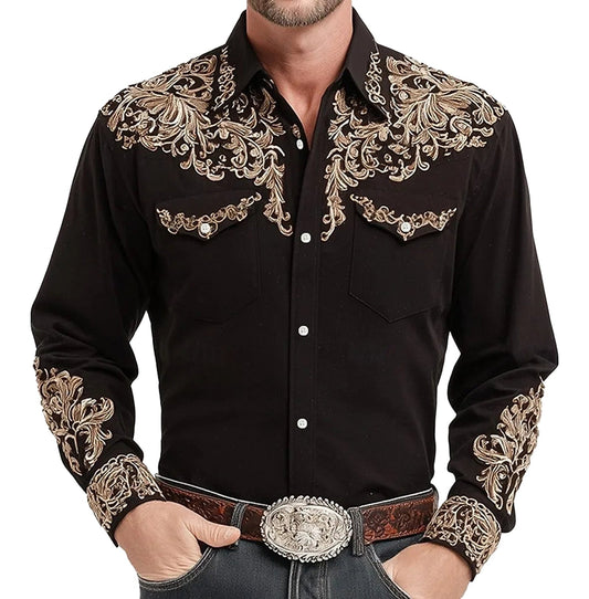 Black mens western 3D printed shirt with intricate gold embroidery and snap buttons for a classic look